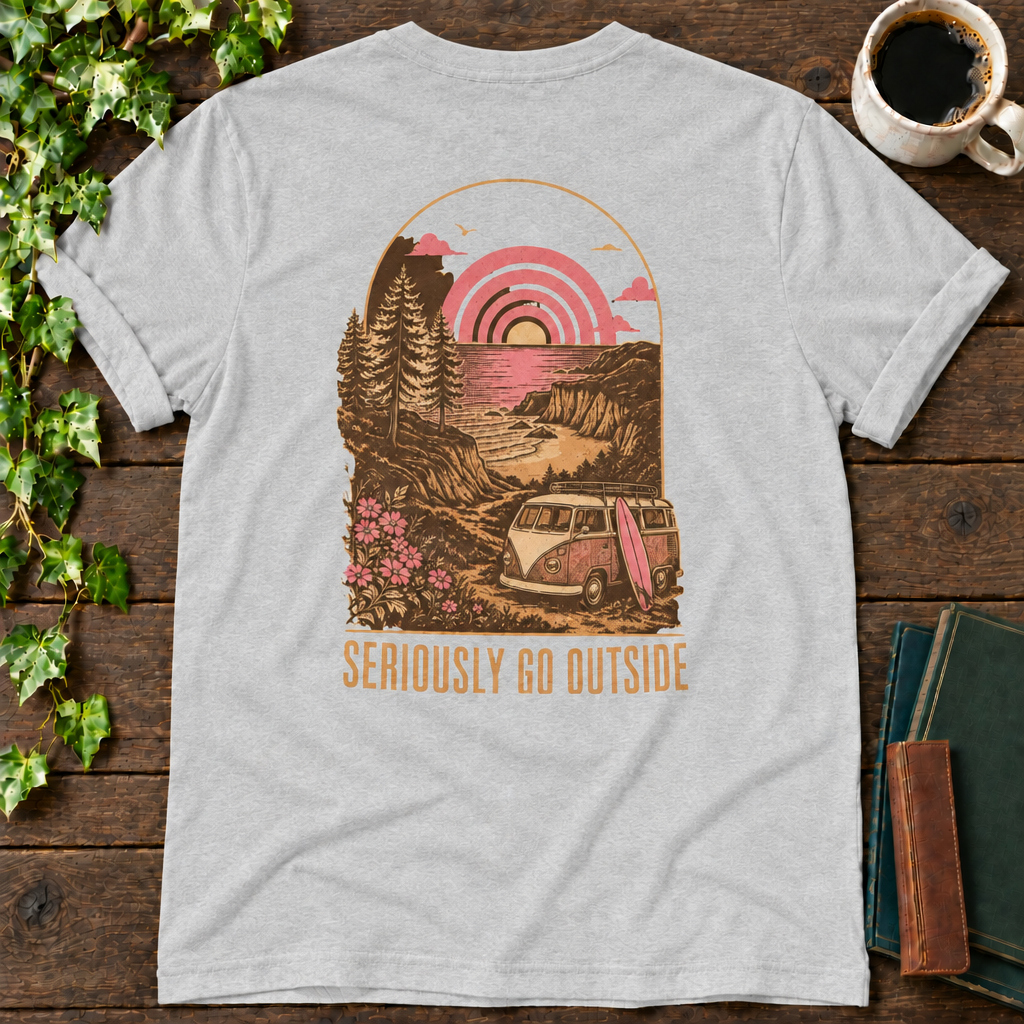 go outside. athletic heather t-shirt back print flat lay