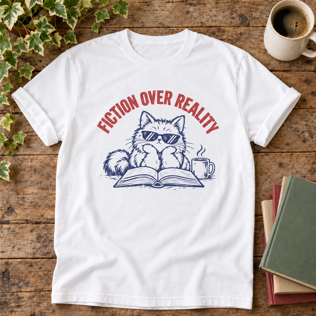 Fiction over reality White t-shirt flat lay