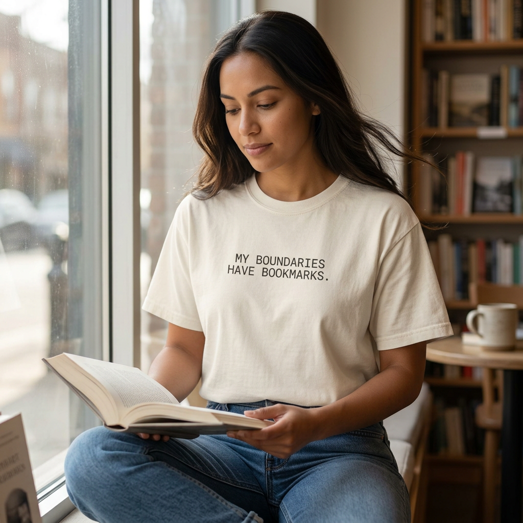 Woman wearing my boundaries T-shirt in Ivory, bookshop lifestyle