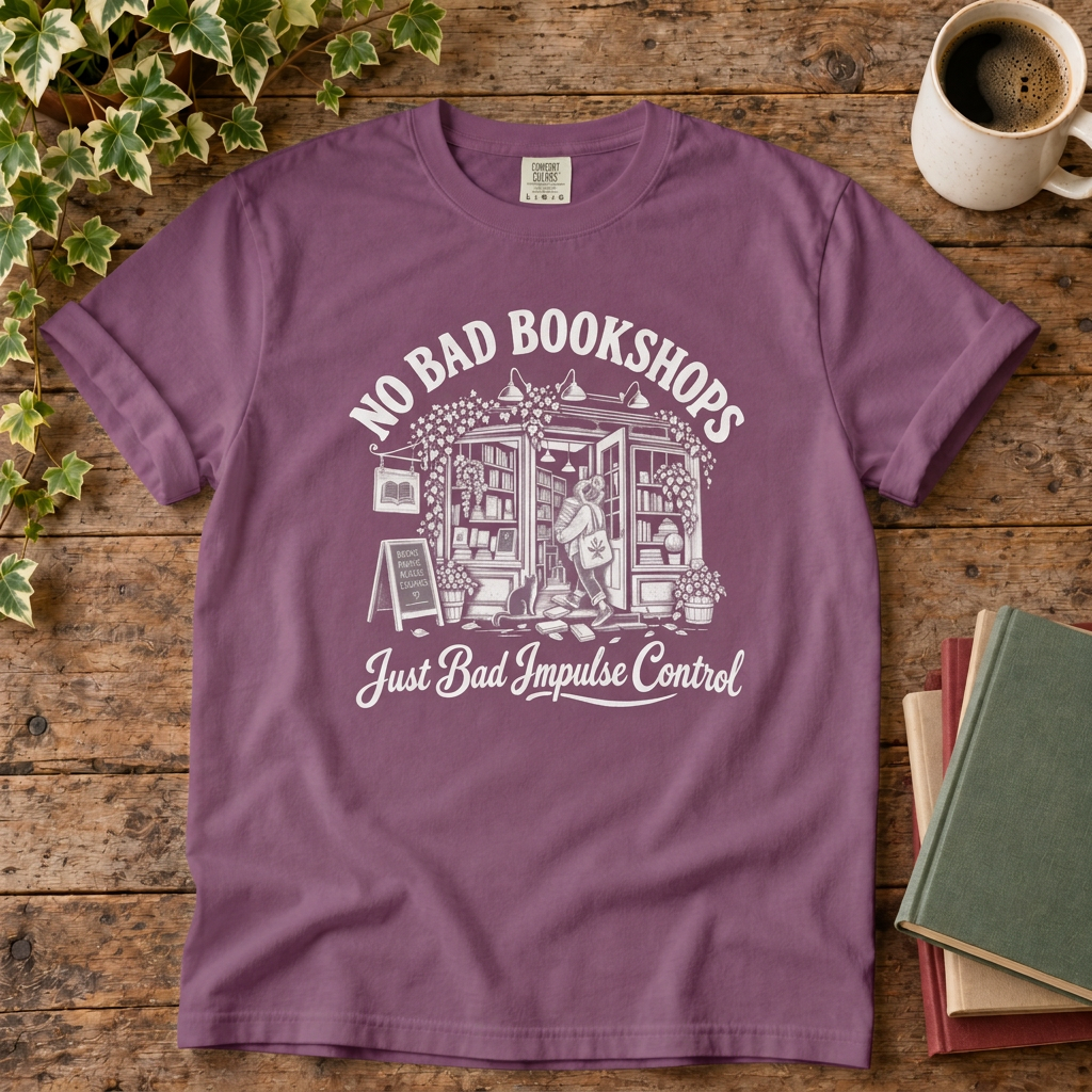 No bad bookshops T-shirt in Berry, stylised flat lay