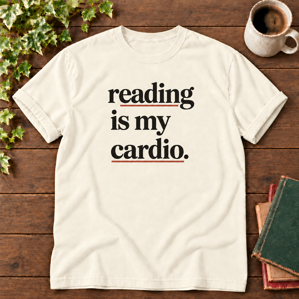Reading is my cardio Ivory, smooth timber, aligned coffee mug and green red tan books