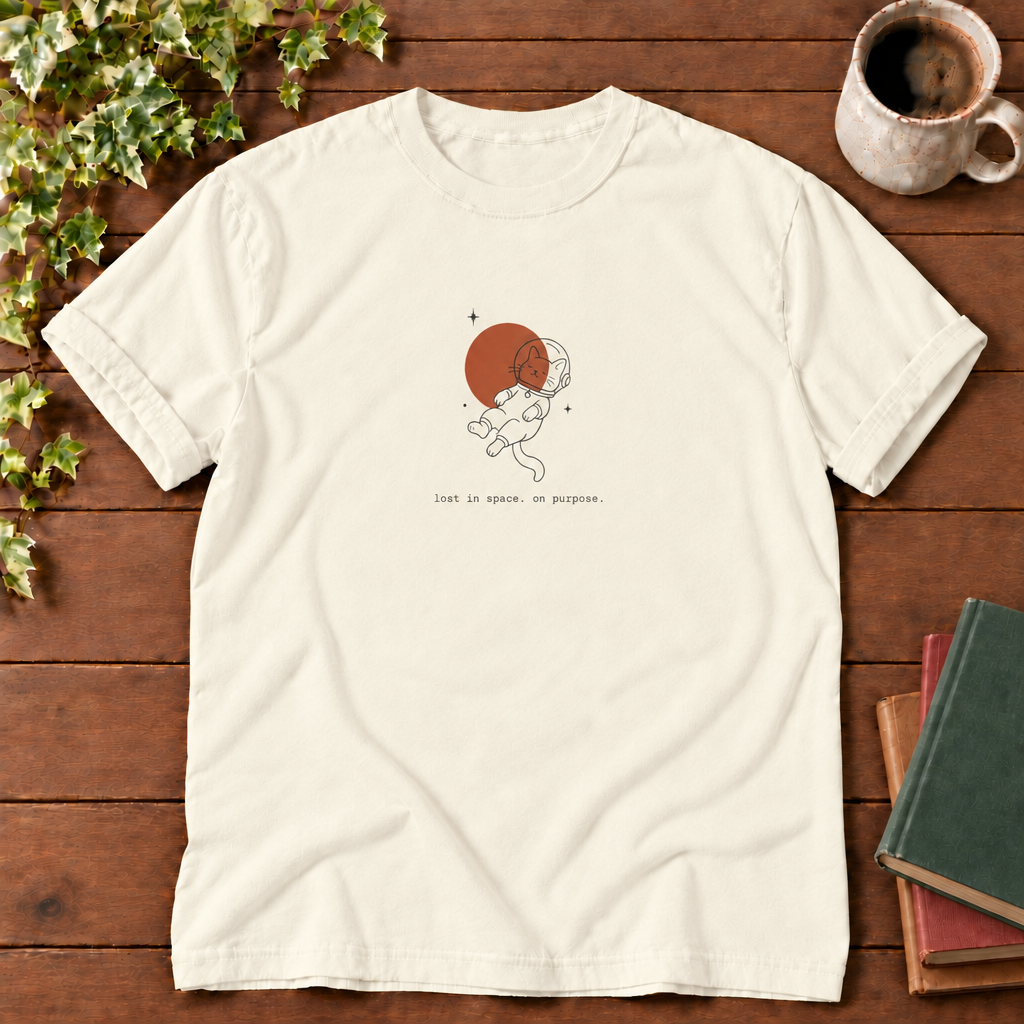 Astronaut cat Ivory, lost in space on purpose, smooth wood flat lay