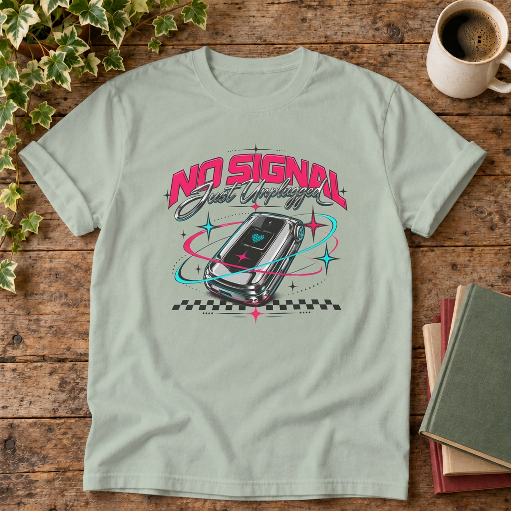 No signal retro t-shirt in Bay, rustic flat lay