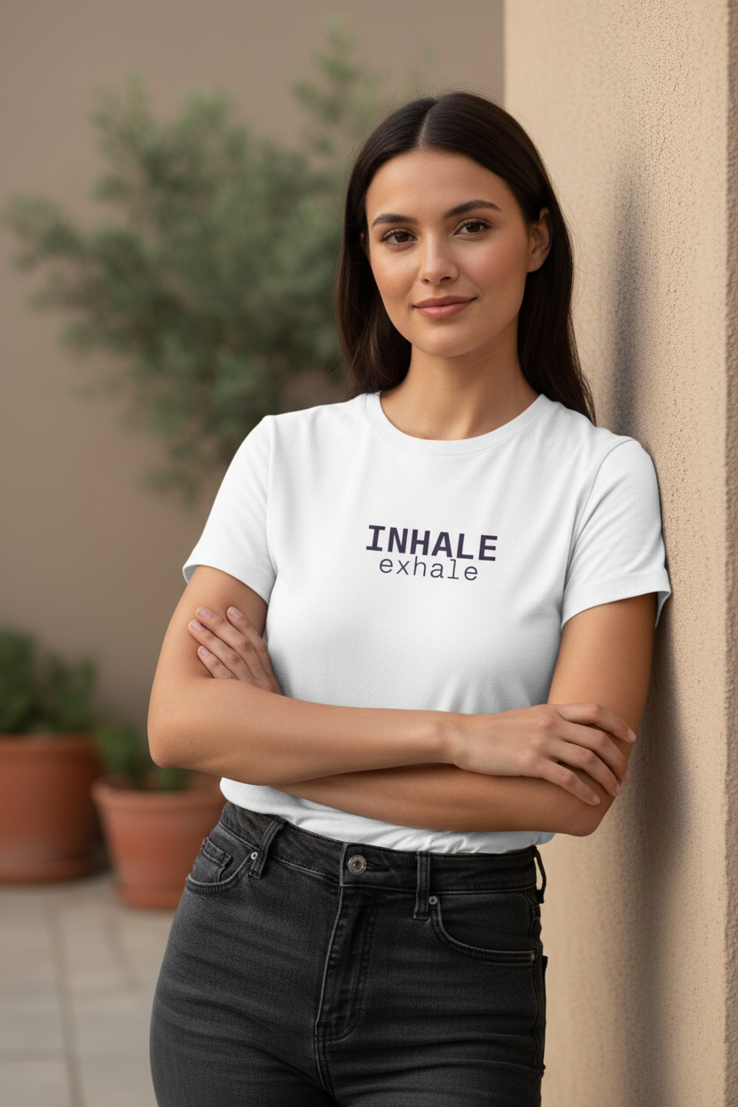 INHALE exhale — white tee lifestyle editorial, slow living aesthetic