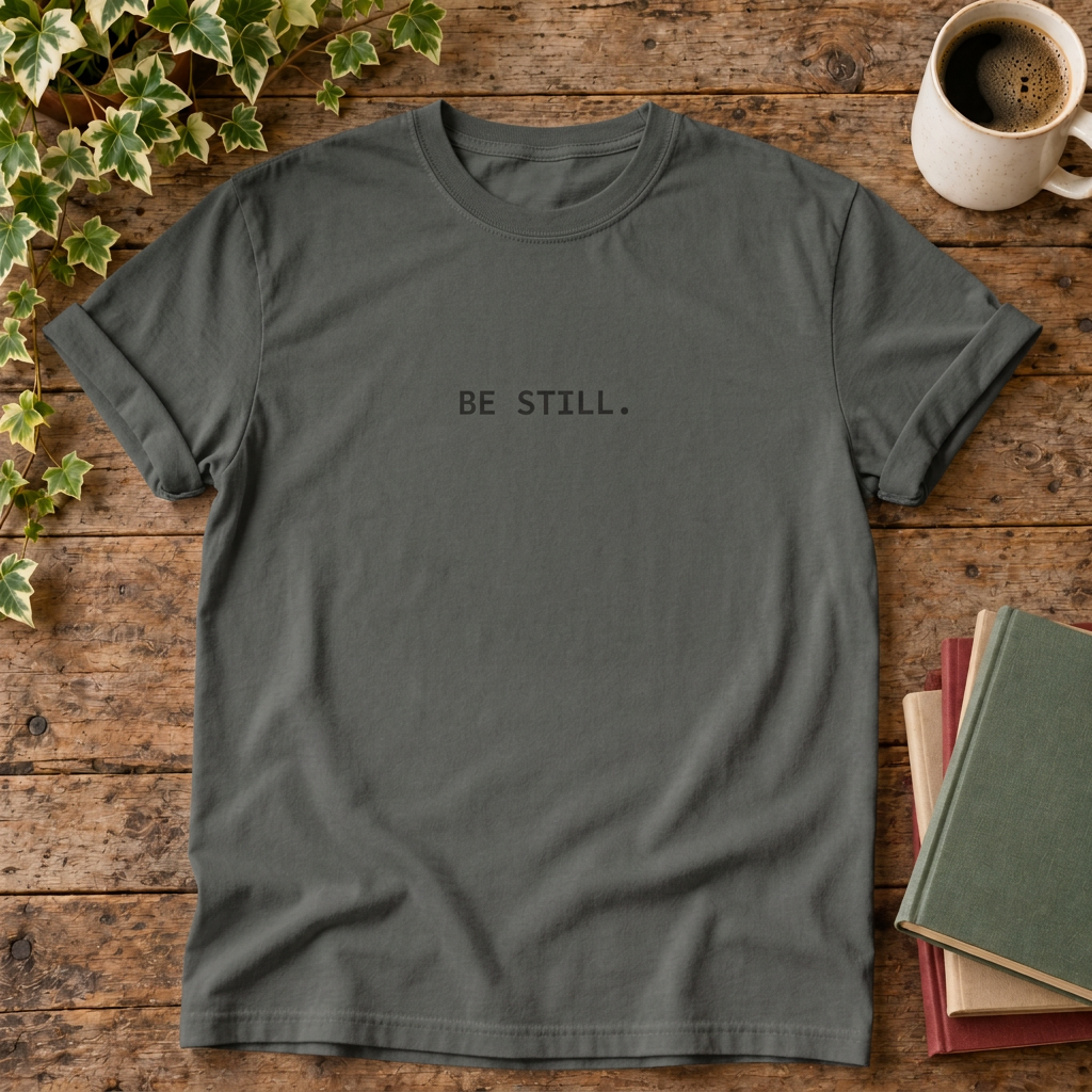 Pepper BE STILL. t-shirt, rustic wood flat lay