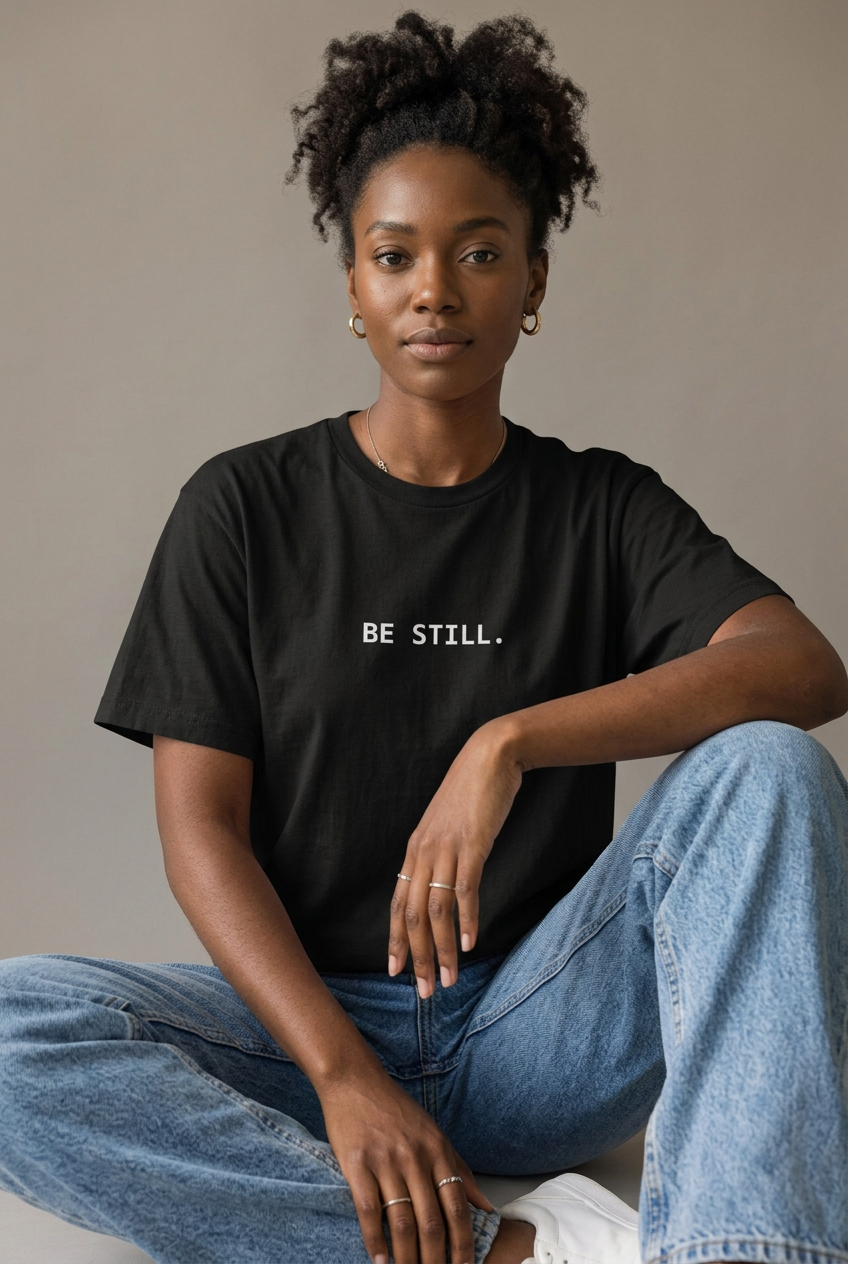 Woman wearing Black BE STILL. t-shirt, seated editorial lifestyle