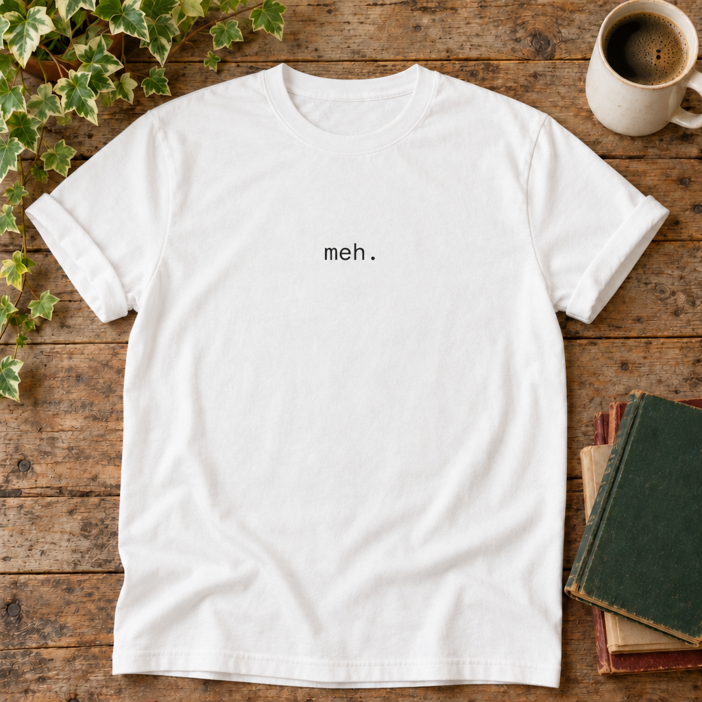 Meh White Comfort Colors flat lay with weathered wood and blank book cover
