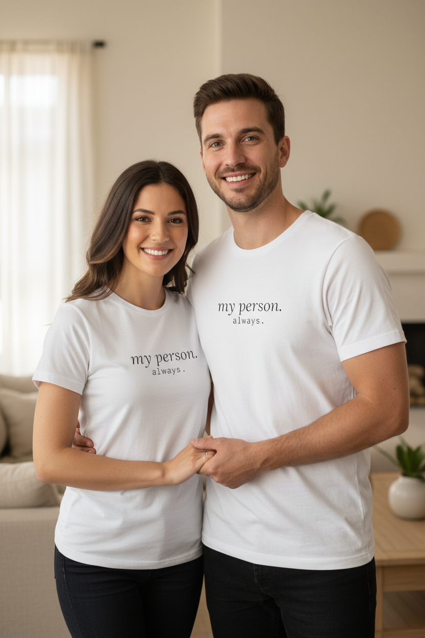 my person. always. — couple in white tees, lifestyle editorial