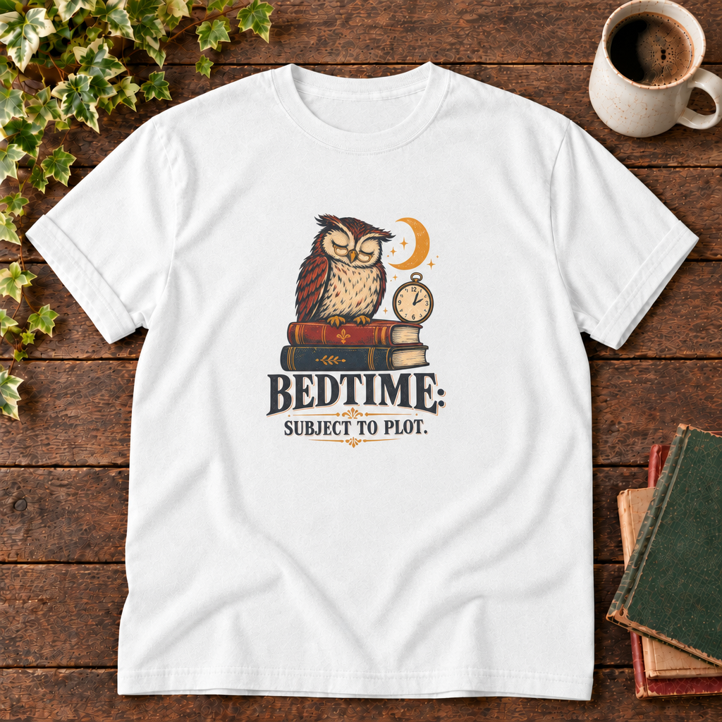 White Bedtime owl and books t-shirt flat lay