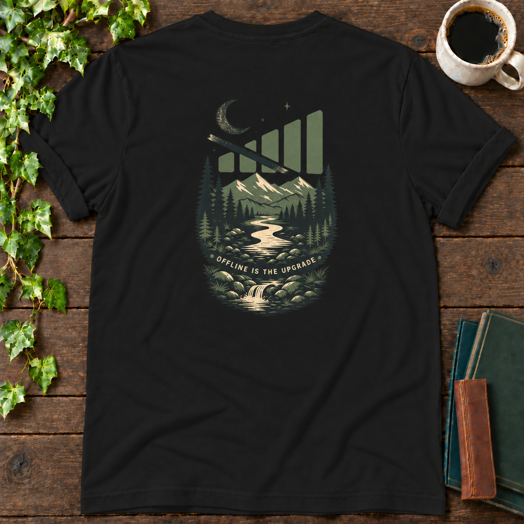 offline mode nature. black t-shirt back print flat lay