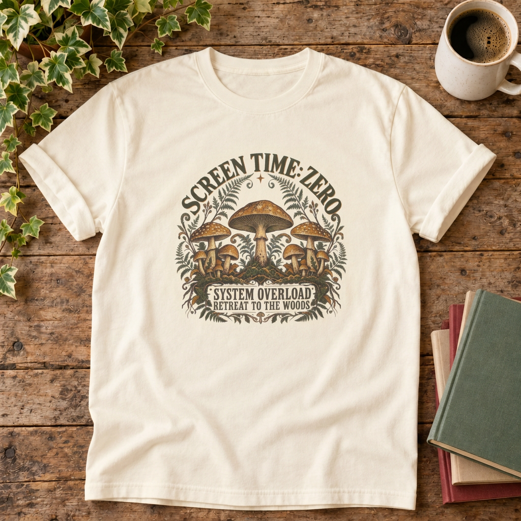Screen time zero mushroom t-shirt in Ivory, rustic flat lay