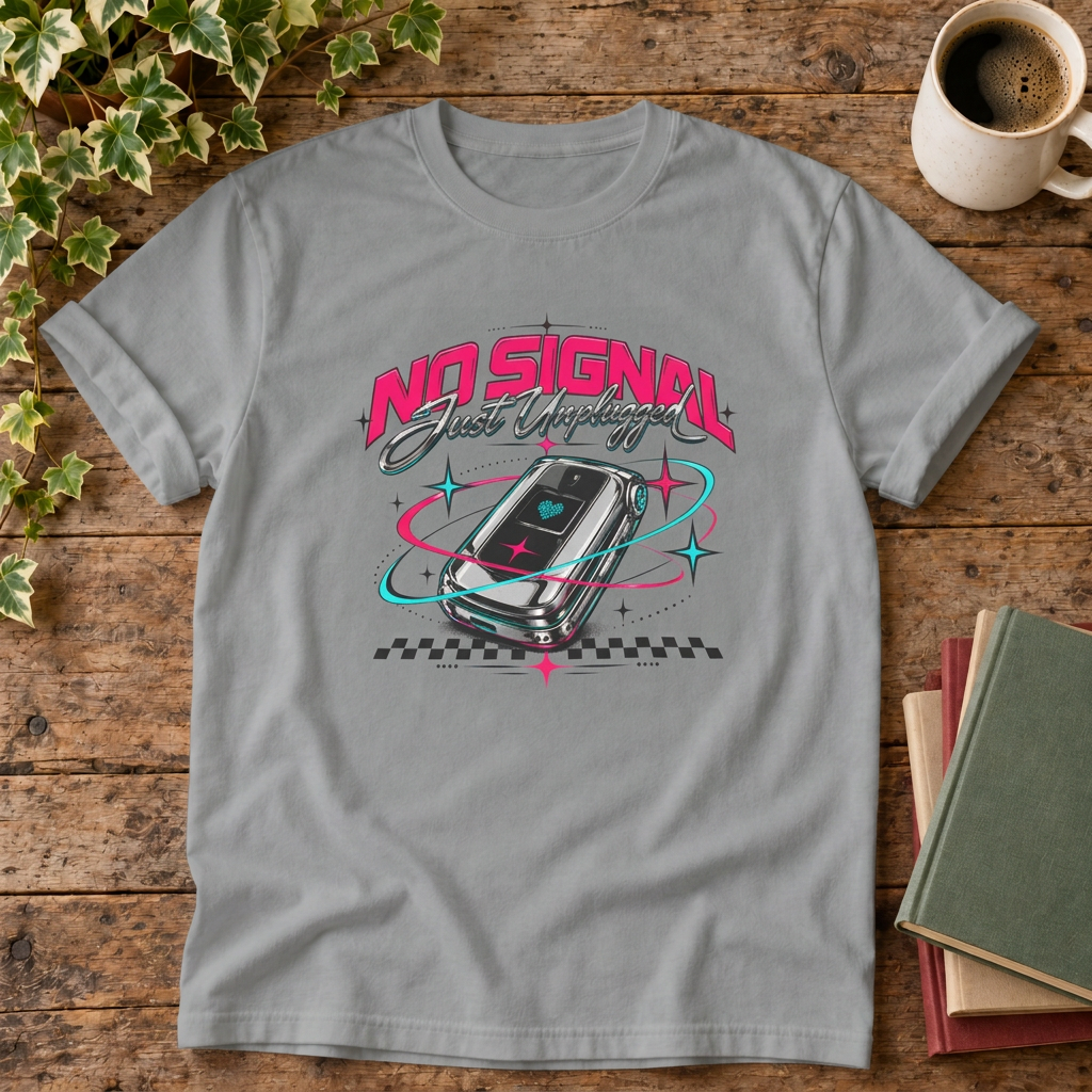 No signal retro t-shirt in Grey, rustic flat lay