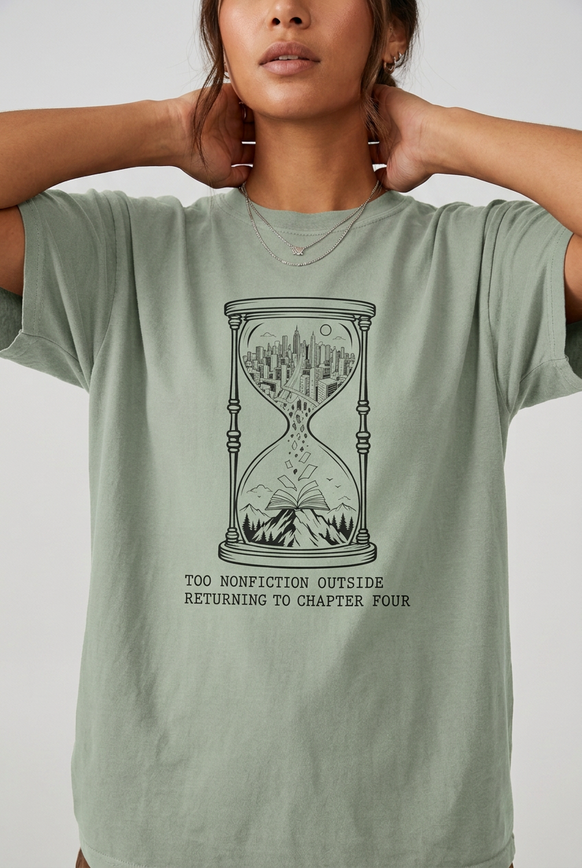 Close-up model wearing hourglass reading t-shirt in Bay