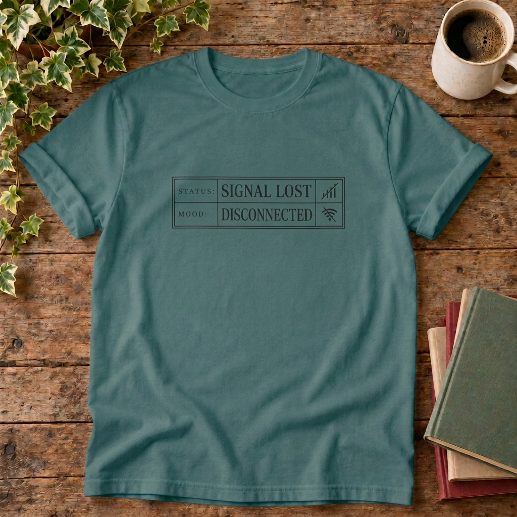 Signal lost disconnected T-shirt in Blue Spruce with dark print, stylised flat lay
