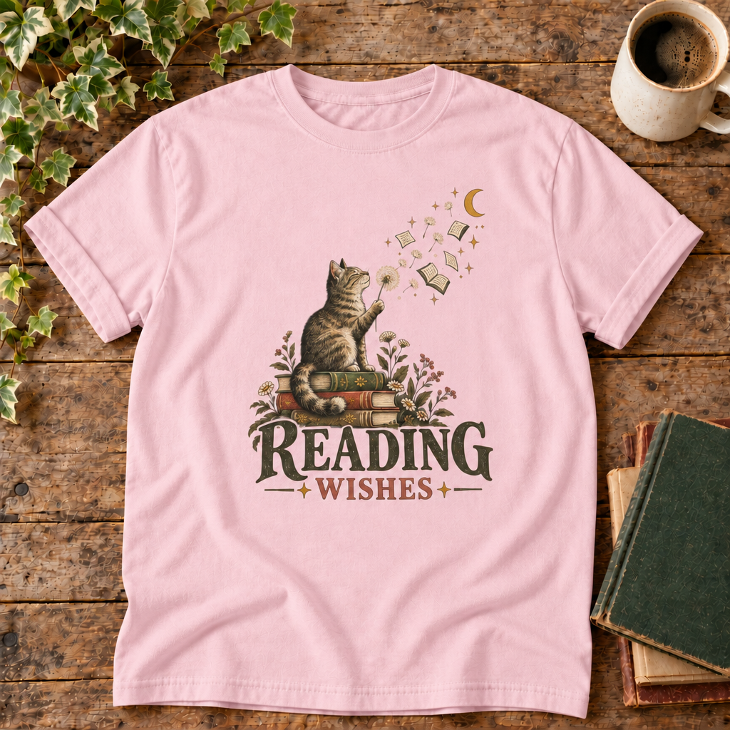Reading Wishes tee in Blossom with cat, books and moon