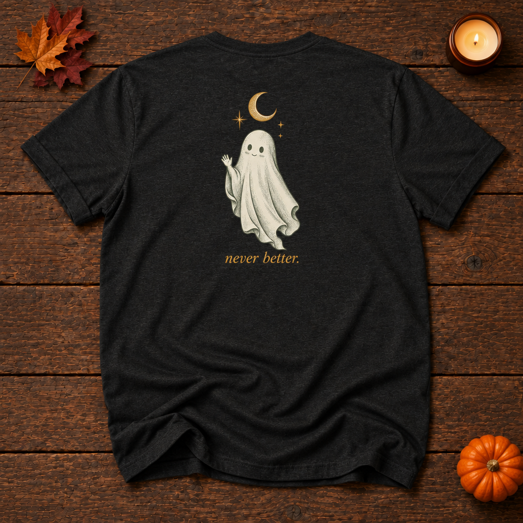 never better. black heather t-shirt back ghost print, Halloween flat lay