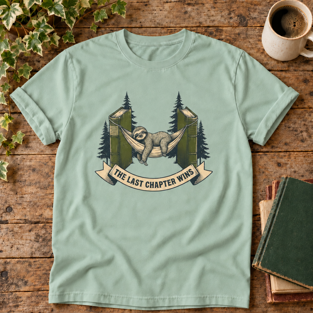 Slow Reading Society tee in Blossom with books and coffee
