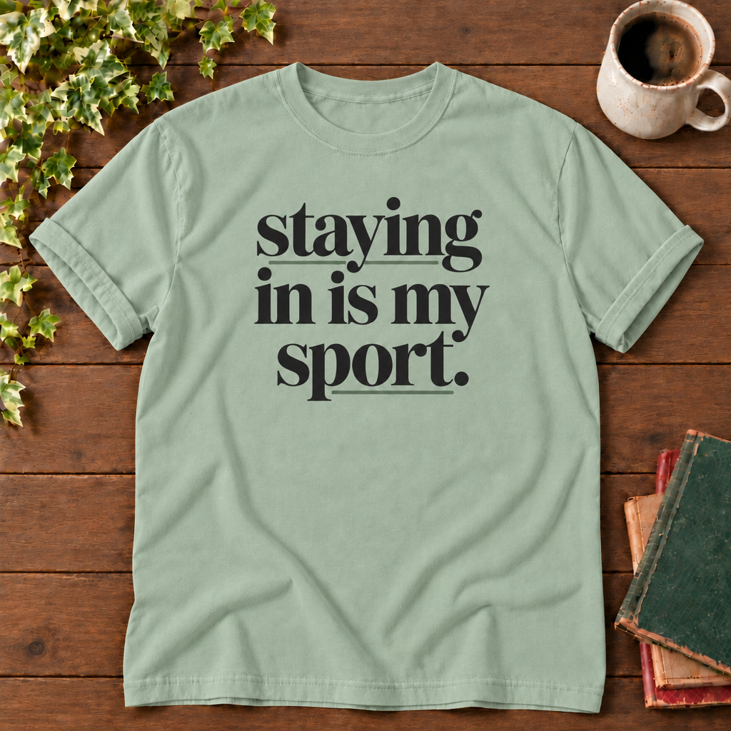 Staying in is my sport Bay, folded sleeve flat lay with smooth timber, mug and books