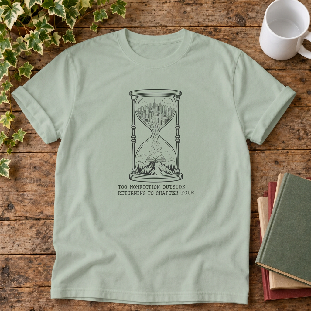 Too much fiction outside hourglass t-shirt in Bay, rustic flat lay