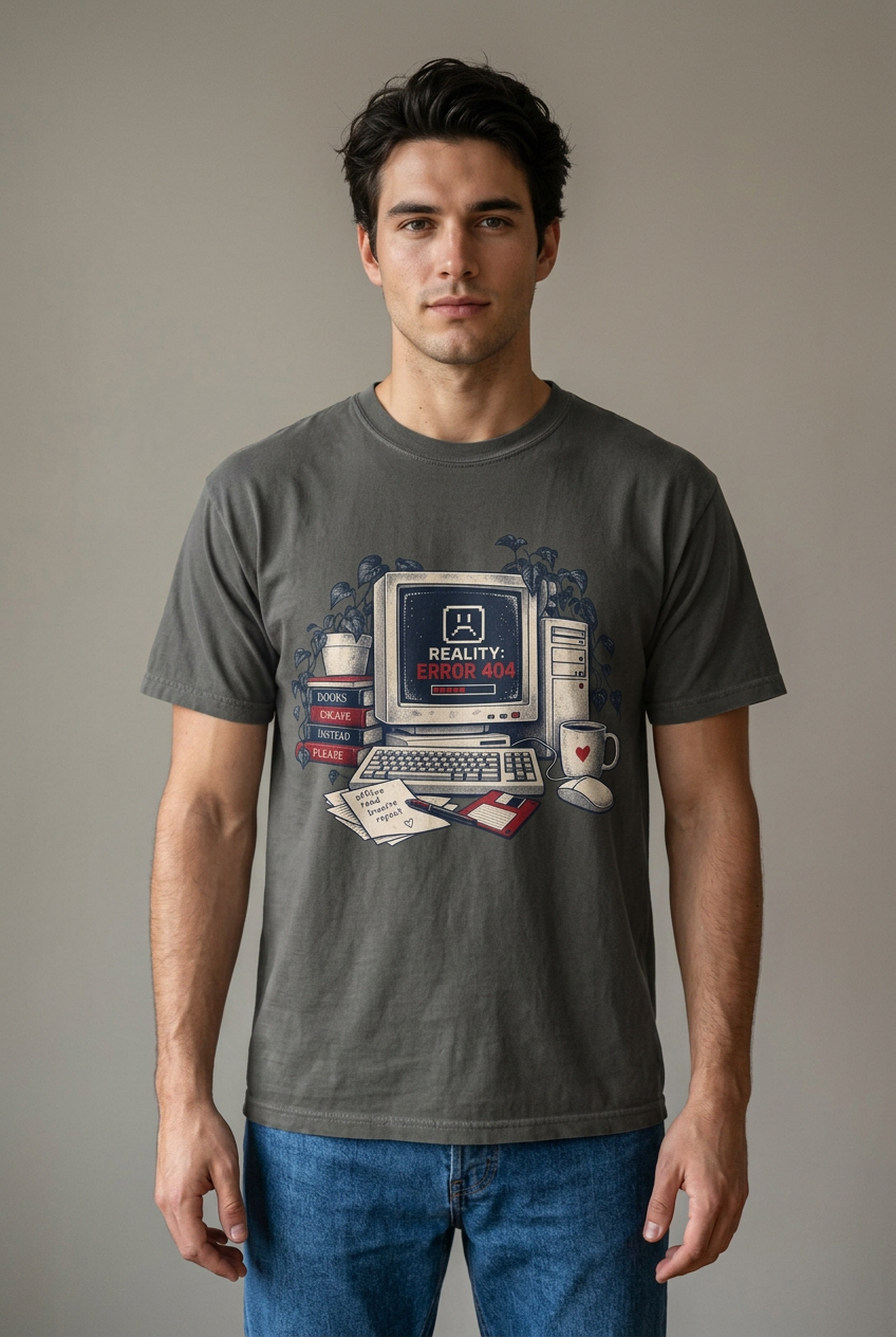 Young adult man wearing the Pepper Reality error 404 t-shirt