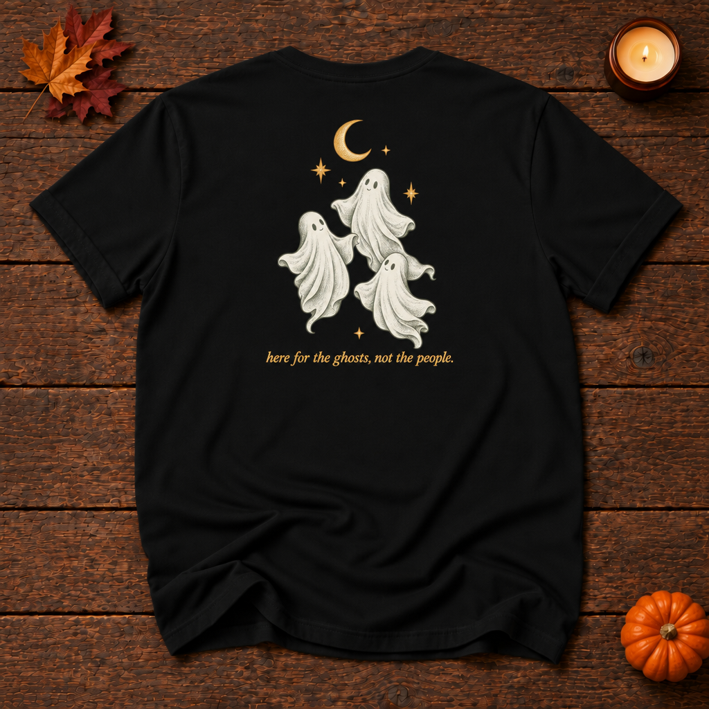 no thanks. black t-shirt back ghosts print, Halloween flat lay