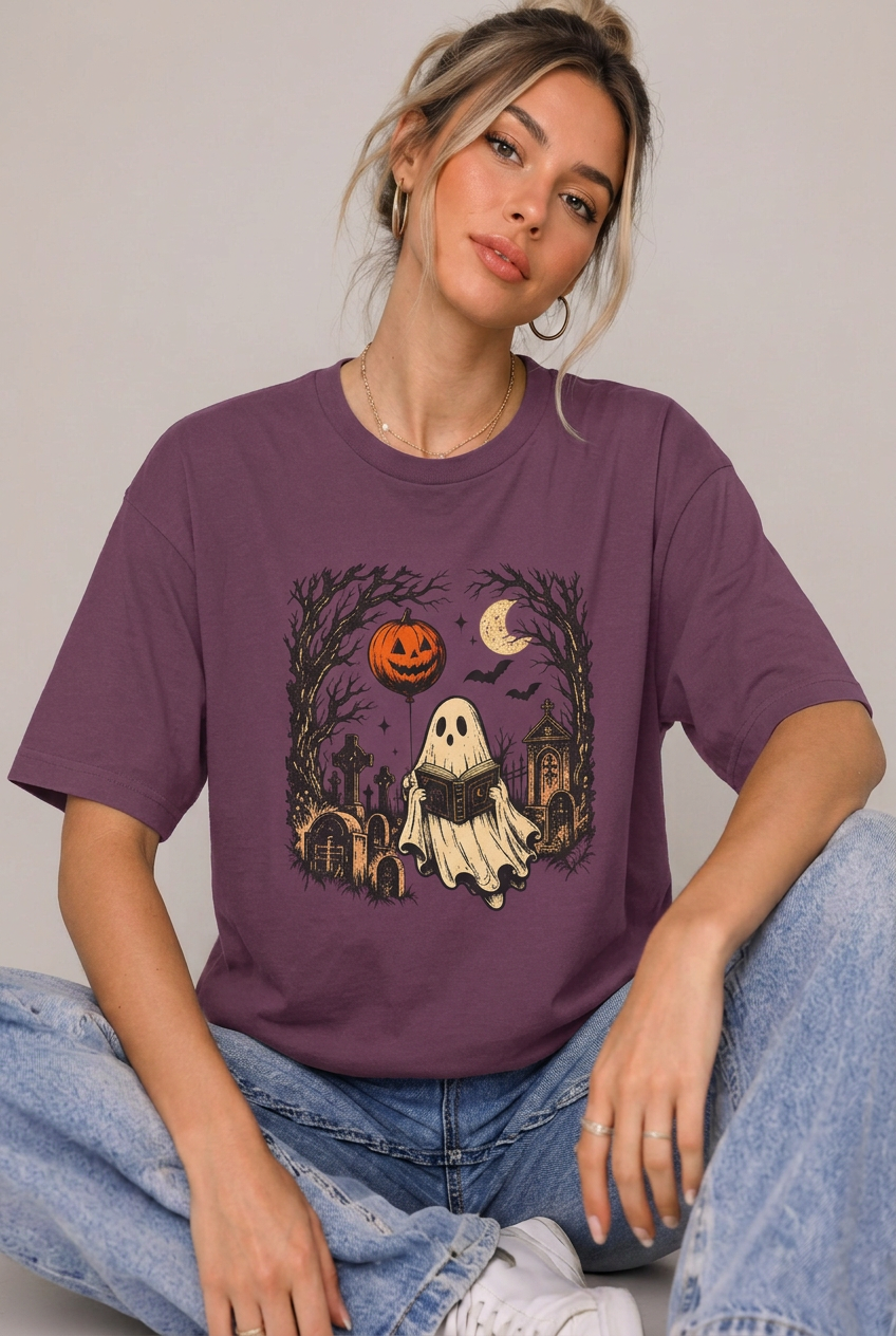 Seated woman wearing the Berry graveyard reader t-shirt with blue jeans