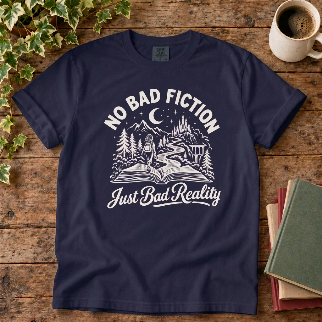 No bad fiction T-shirt in True Navy, stylised flat lay