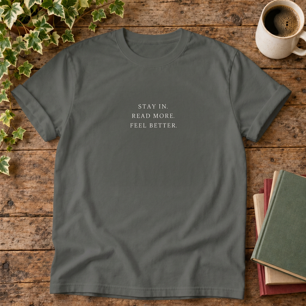 Stay in read more feel better t-shirt in Pepper, rustic wood flat lay
