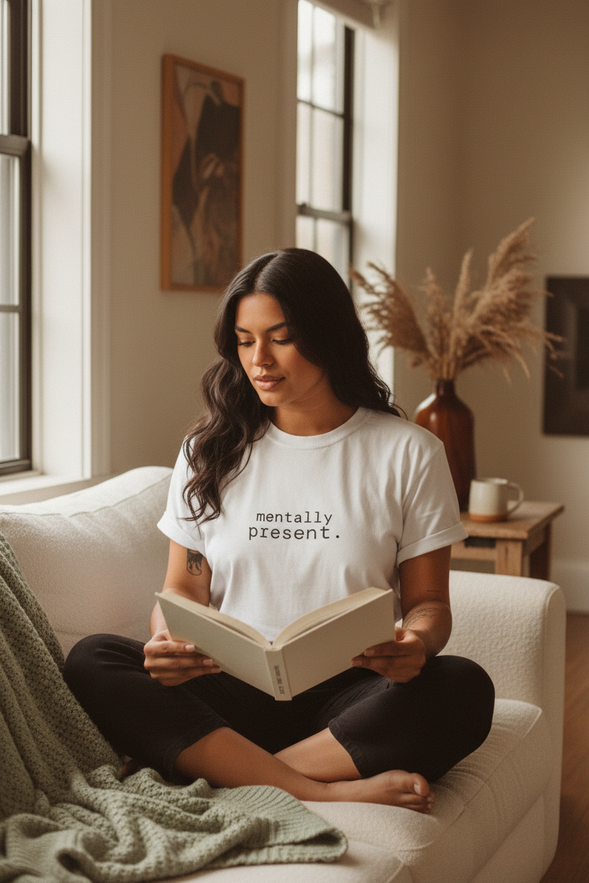 mentally present. woman reading on cosy window seat
