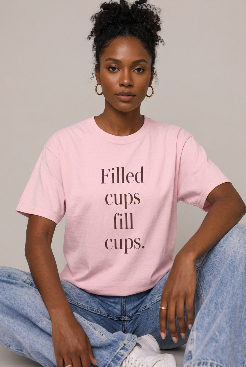 Woman wearing Blossom Filled cups fill cups. T-shirt seated studio lifestyle