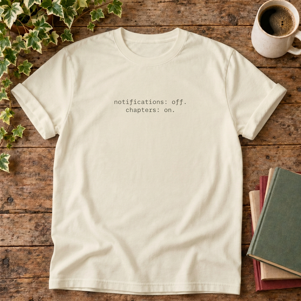 Notifications off chapters on T-shirt in Ivory, stylised flat lay