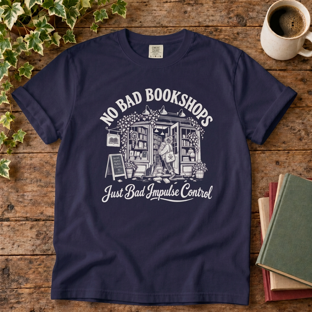 No bad bookshops T-shirt in True Navy, stylised flat lay
