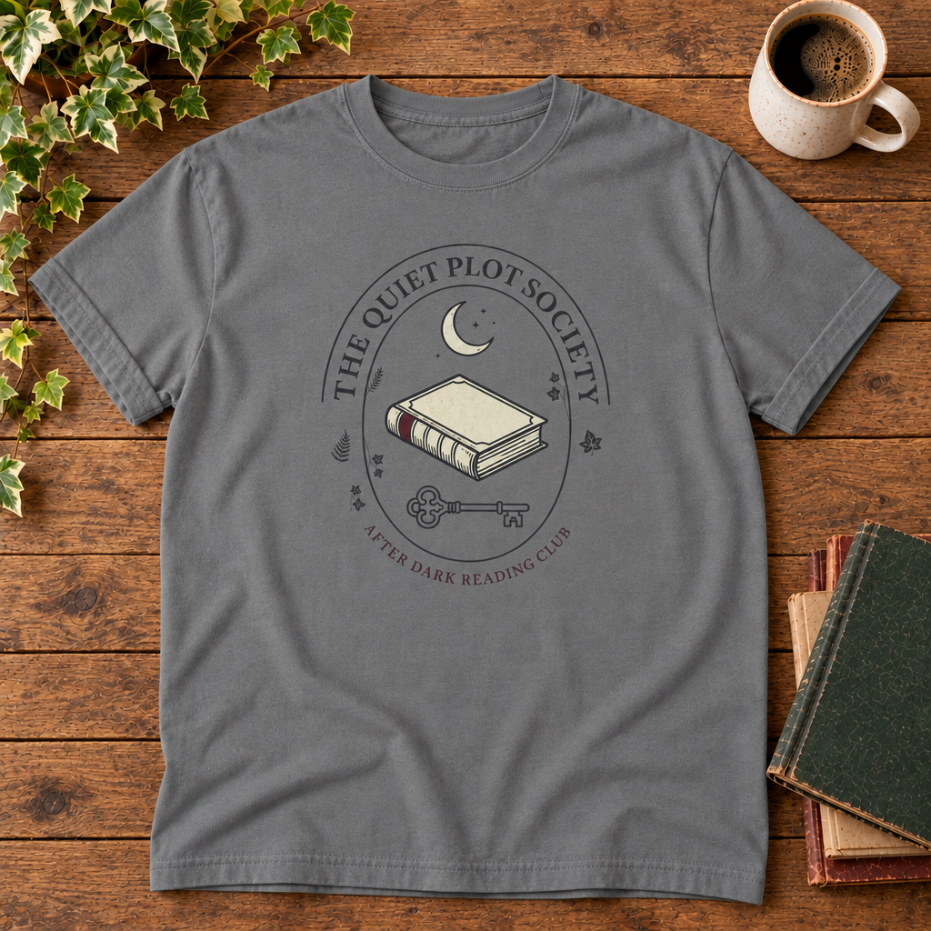 The Quiet Plot Society tee in Grey, flat lay with book and coffee