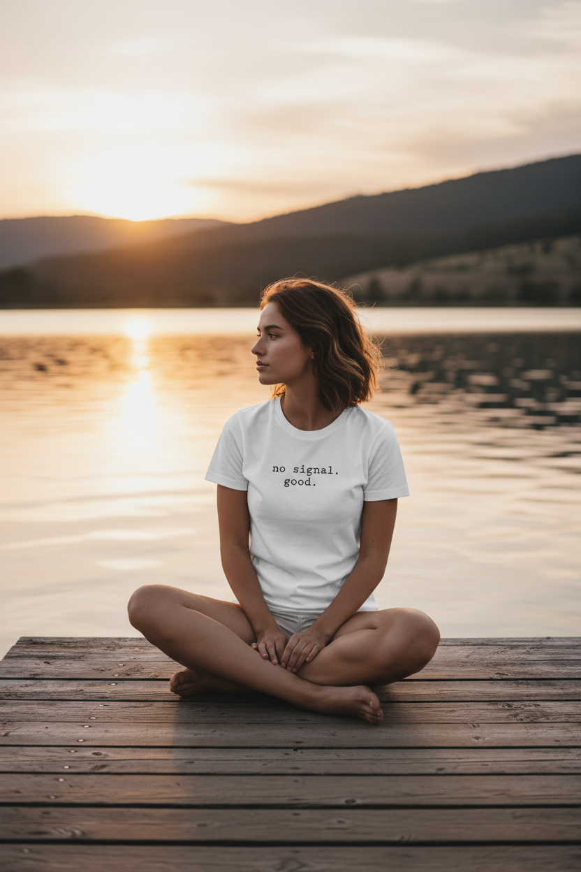 no signal. good. — sitting on jetty, calm lake, white Bella Canvas