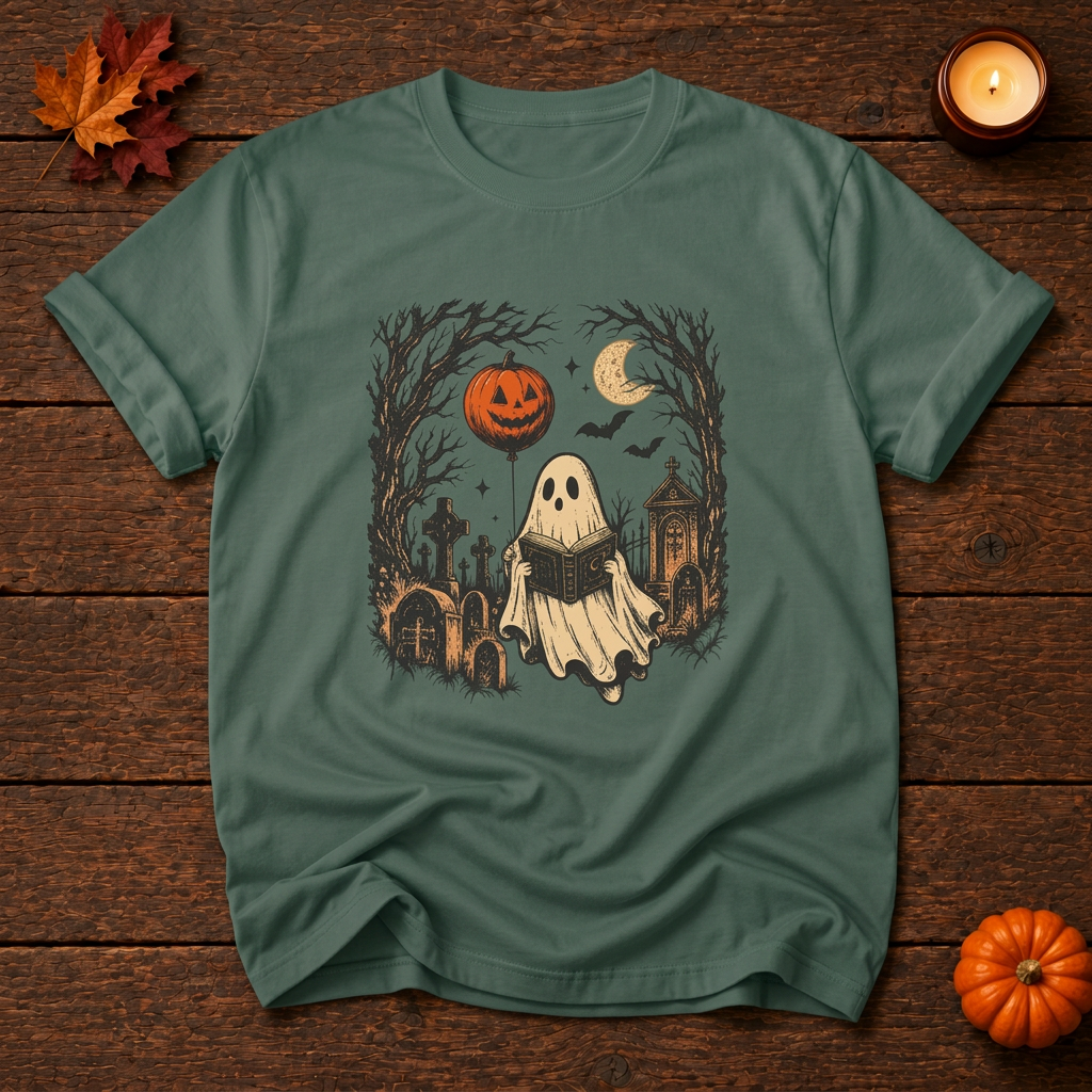 Graveyard reader front-print t-shirt in Blue Spruce, Halloween flat lay