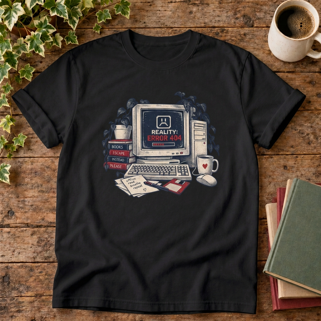 Reality error 404 t-shirt in Black, rustic flat lay