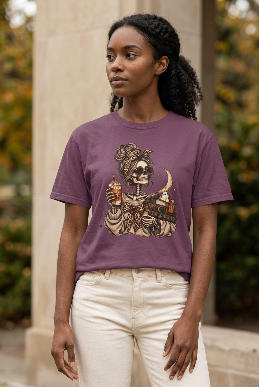 Woman wearing the Berry mystical skeleton t-shirt against a simple autumn backdrop