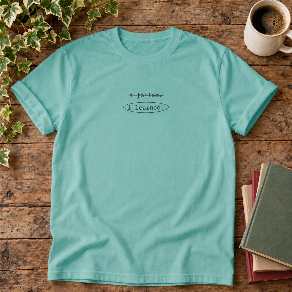 i failed, i learned. t-shirt in Seafoam, rustic wood flat lay