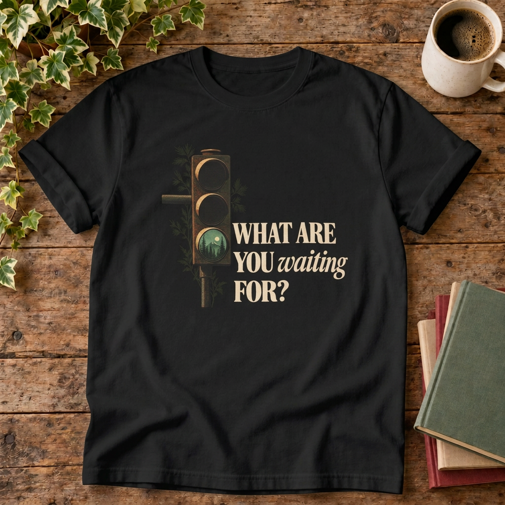 What Are You Waiting For? Black T-shirt wood-and-books flat lay