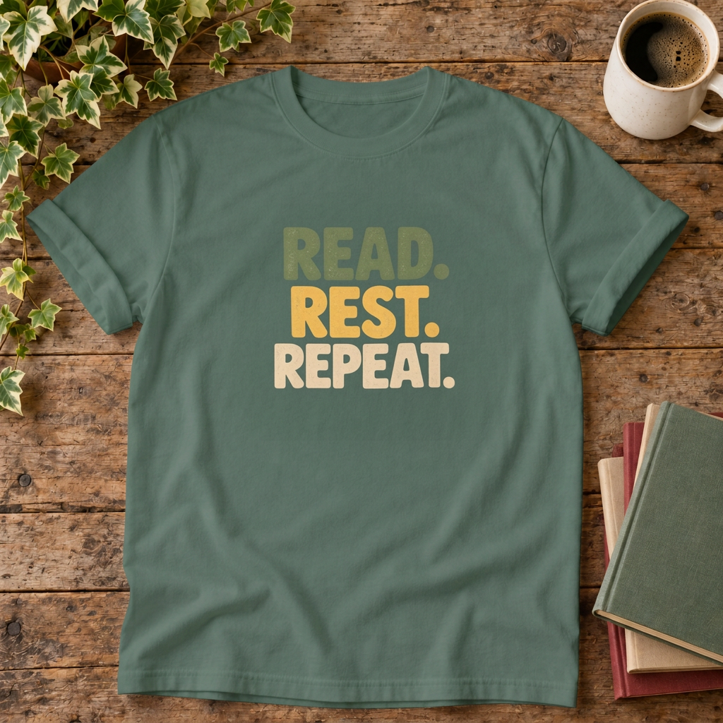 Read rest repeat t-shirt in Blue Spruce, rustic wood flat lay