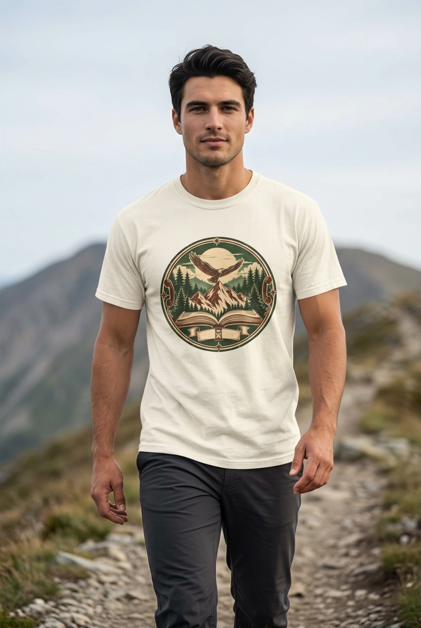Young adult man hiking on a mountain trail wearing the mountain adventure vintage t-shirt in Ivory, with a minimal blurred mountain background
