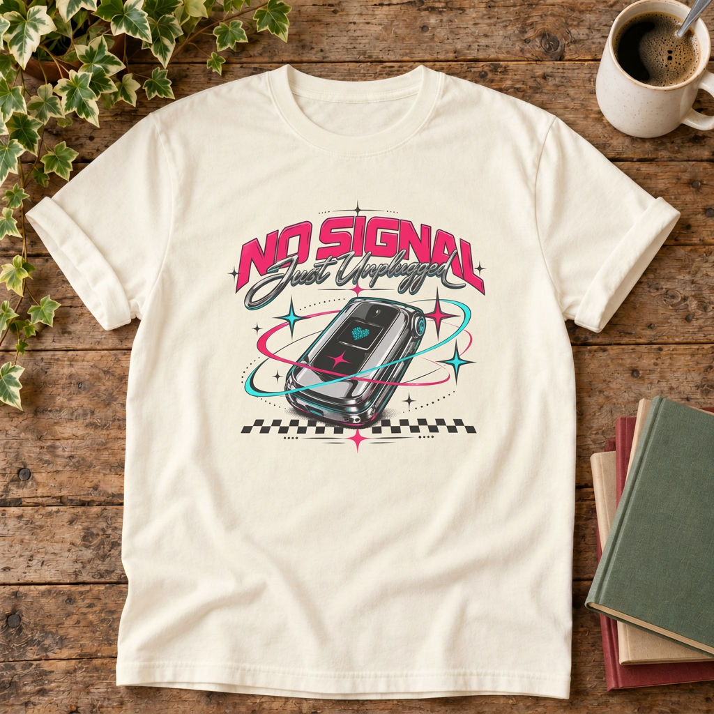 No signal retro t-shirt in Ivory, rustic flat lay