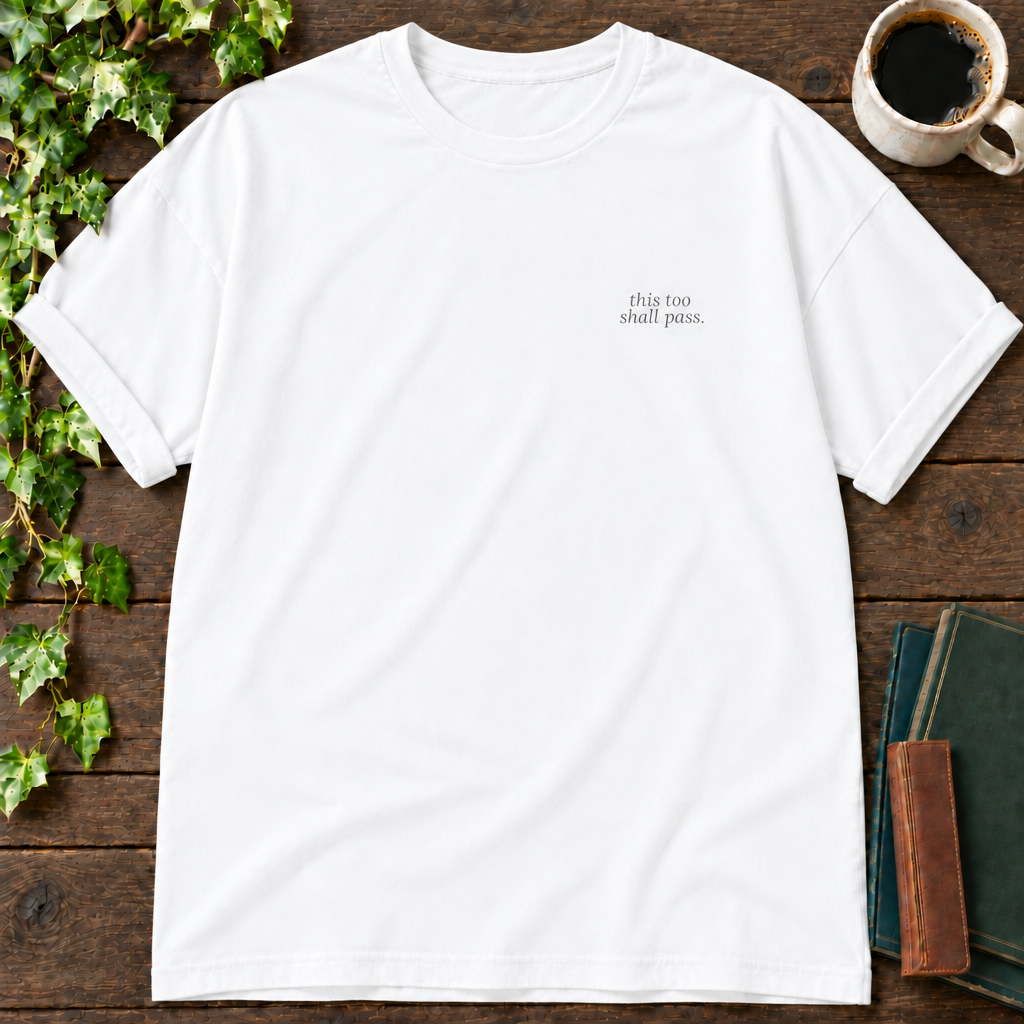 this too shall pass. white relaxed fit t-shirt flat lay