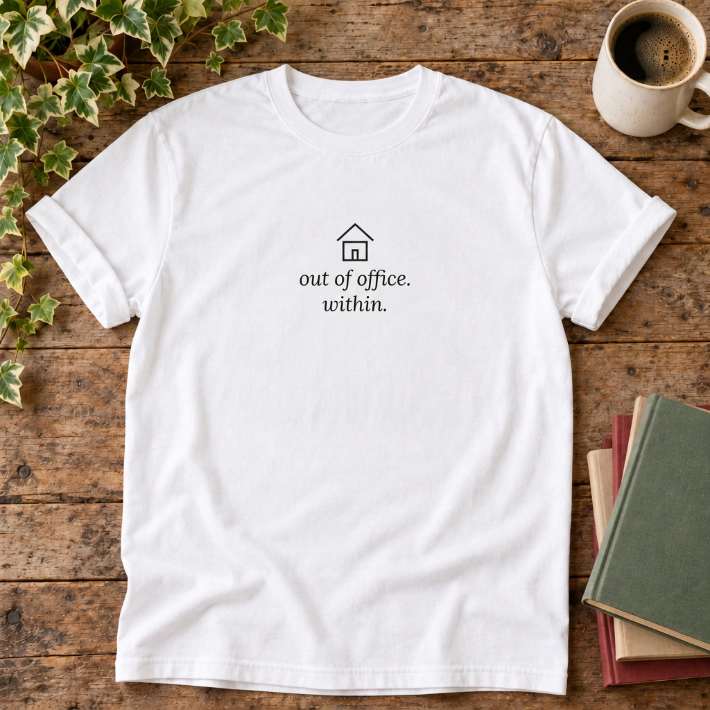 Out of office within t-shirt in White, rustic flat lay