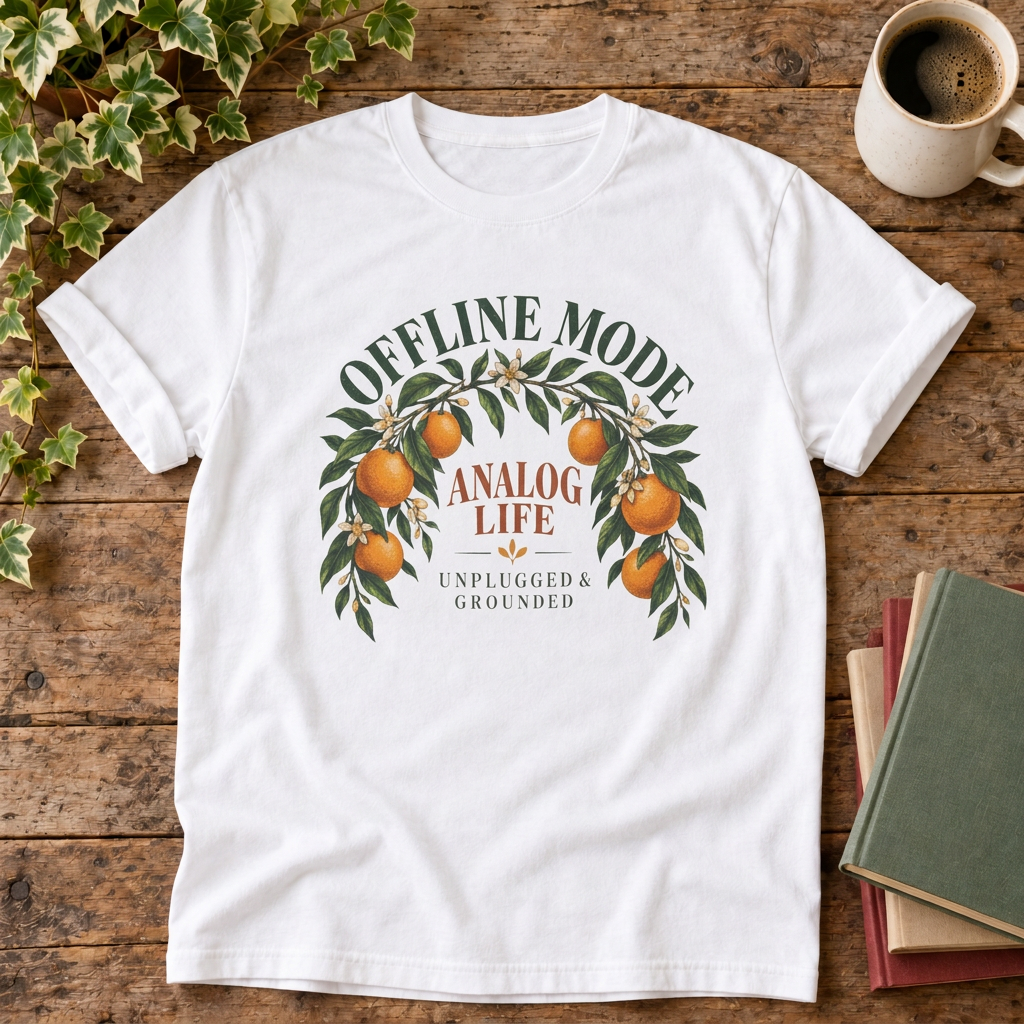 Offline mode analog life orange blossom t-shirt in White, rustic flat lay
