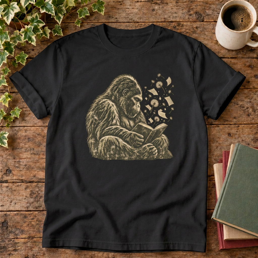 Gorilla Reading T-shirt in Black, stylised flat lay
