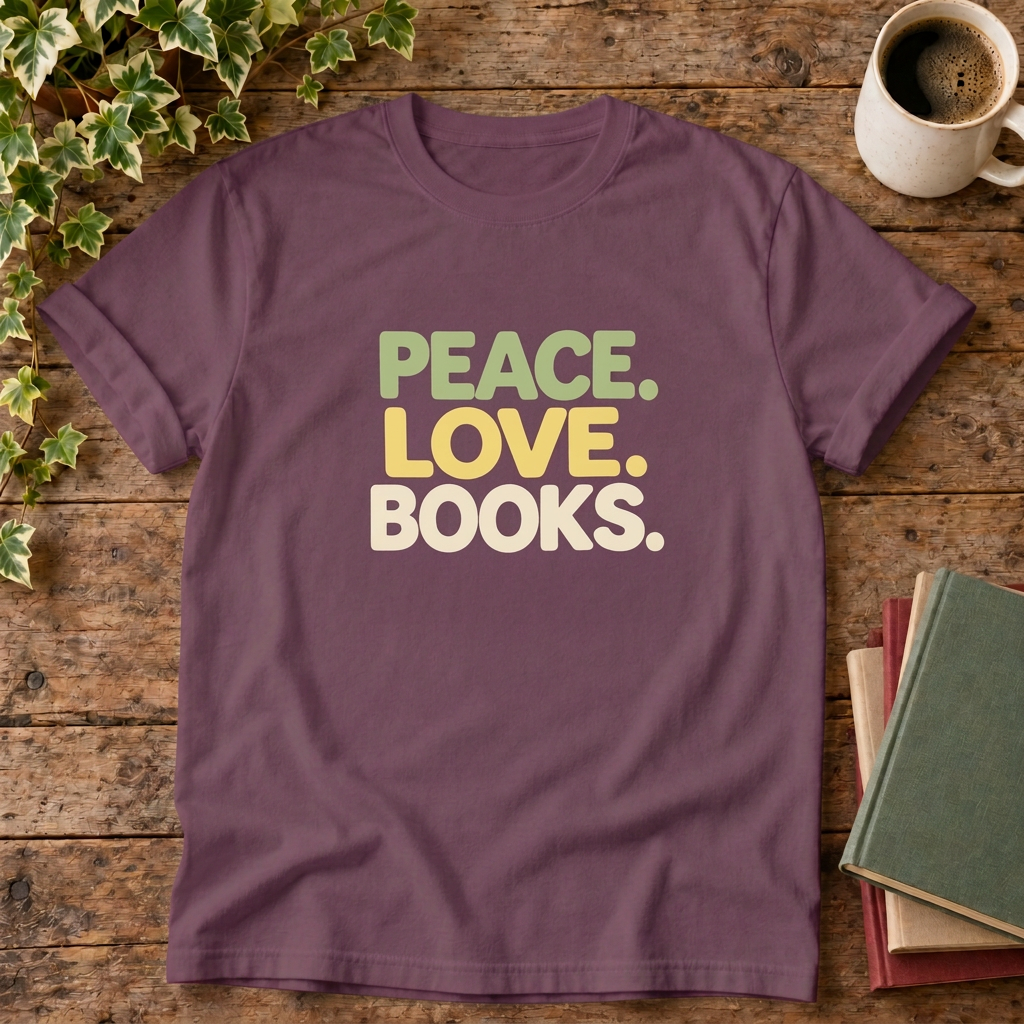 Peace love books t-shirt in Berry, rustic wood flat lay