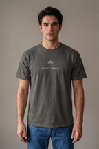 Man wearing log off. look up. Pepper t-shirt