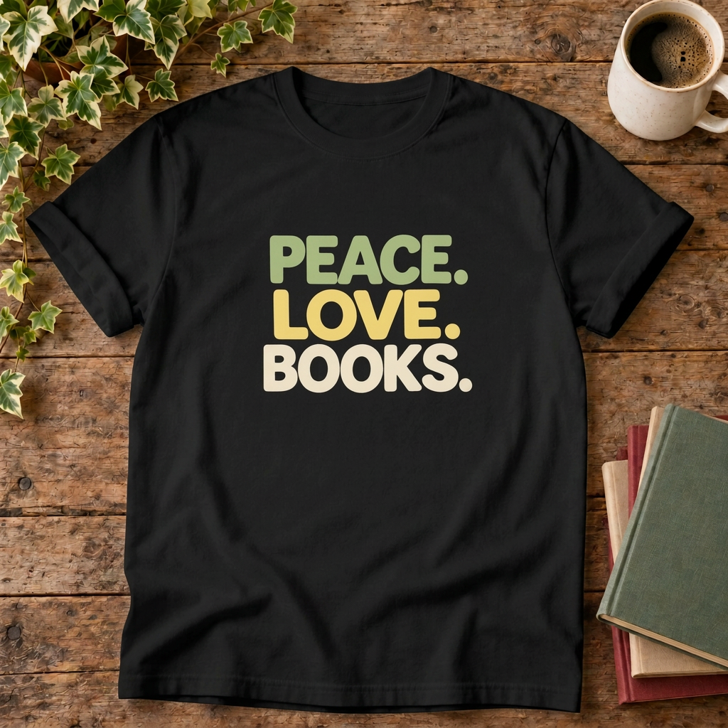 Peace love books t-shirt in Black, rustic wood flat lay