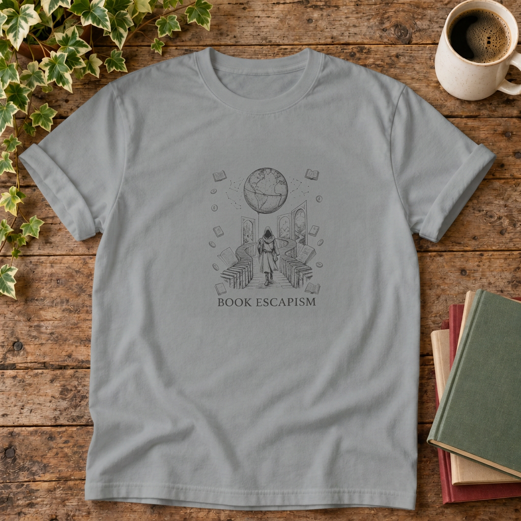 Book escapism reader t-shirt in Grey, rustic flat lay
